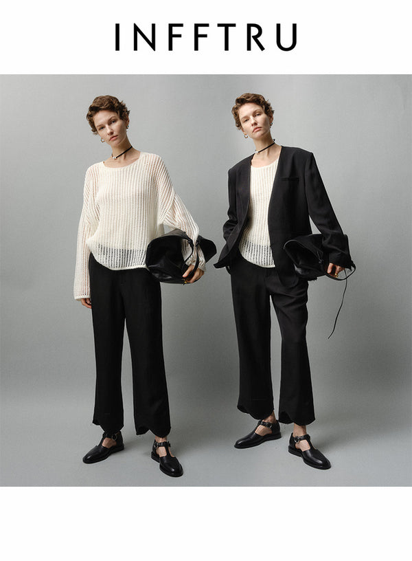 Wavy Hem Casual Straight-Leg Trousers