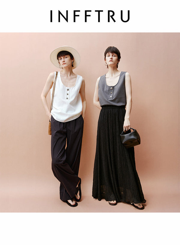 U-Neck Botton Up Strap Vest Tank Tops