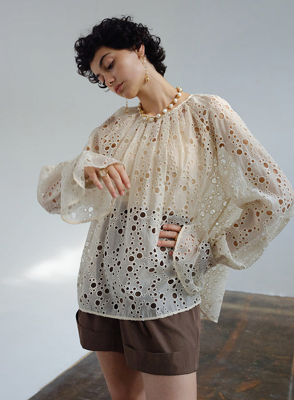 French Embroidered Hollow Flared Sleeve Blouse