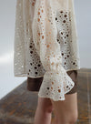 French Embroidered Hollow Flared Sleeve Blouse