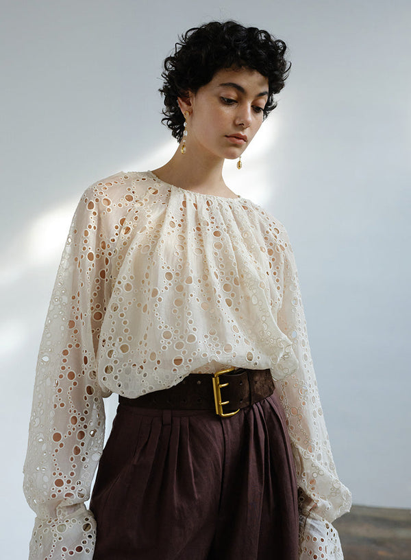 French Embroidered Hollow Flared Sleeve Blouse