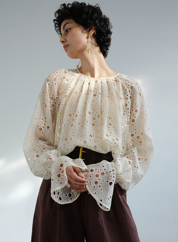 French Embroidered Hollow Flared Sleeve Blouse