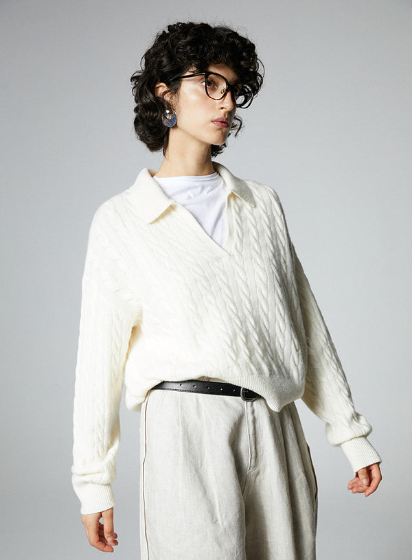 Wool V-Neck Polo Sweater