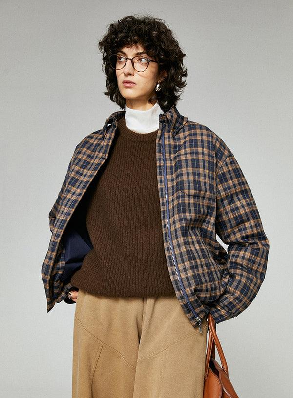 Plaid Short White Goose Down Jacket