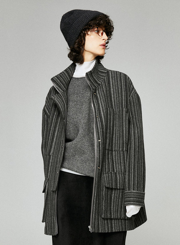 Striped Wool Blend Tweed Coat