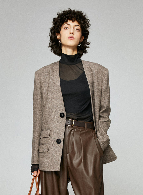 V-Neck Wool Suit Jacket