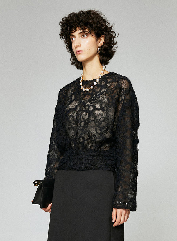 French Style Camellia Textured Lace Blouse