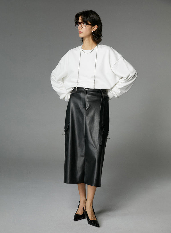 Modern Front Slit Leather Skirt