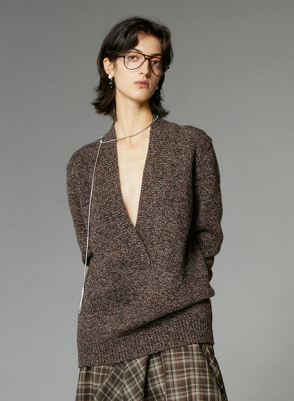 Button Up Deep V-Neck Wool Sweater