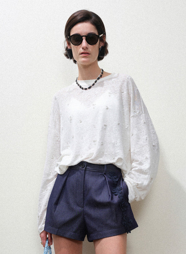 Beaded Linen Long-Sleeve Top