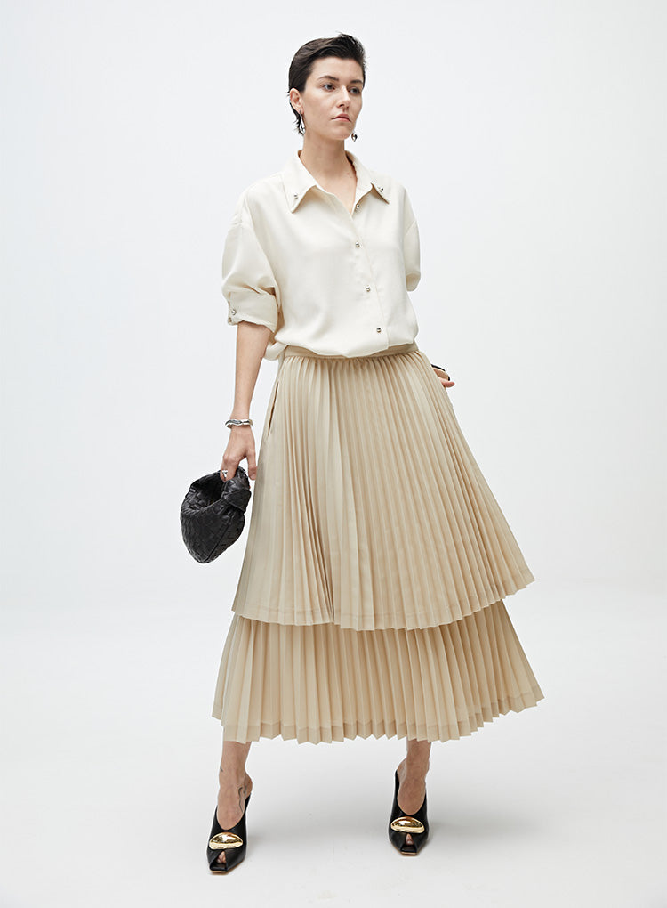 Infftru Black/Red Hepburn Pleated Skirt - Loose Fit Ankle Length
