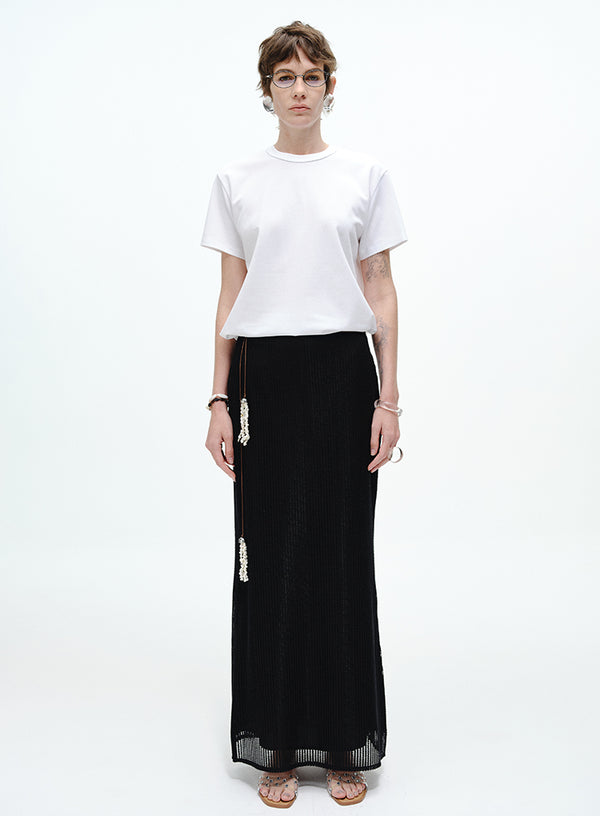 Pearl-Trimmed Ribbed Skirt - Side Slits
