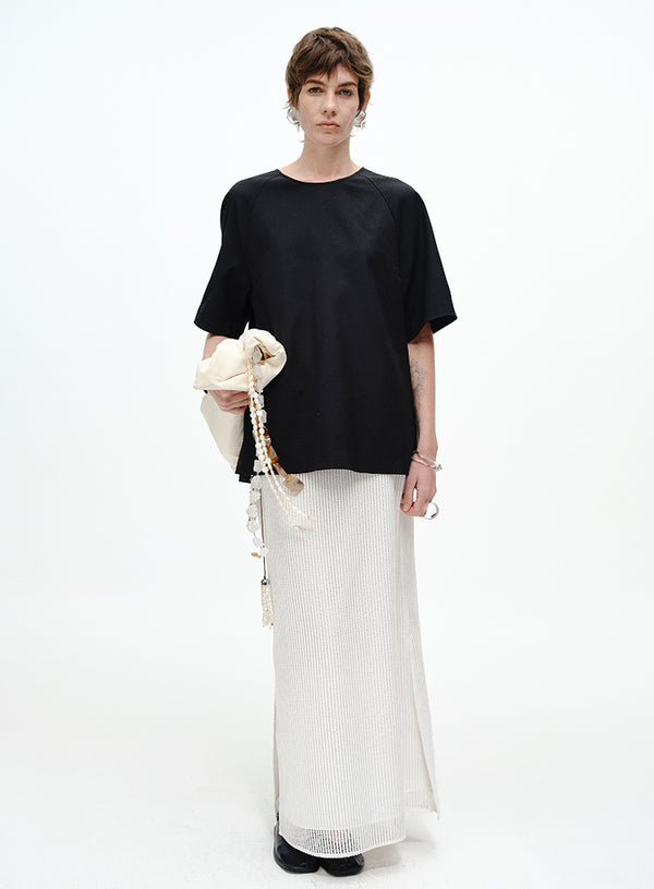 Pearl-Trimmed Ribbed Skirt - Side Slits
