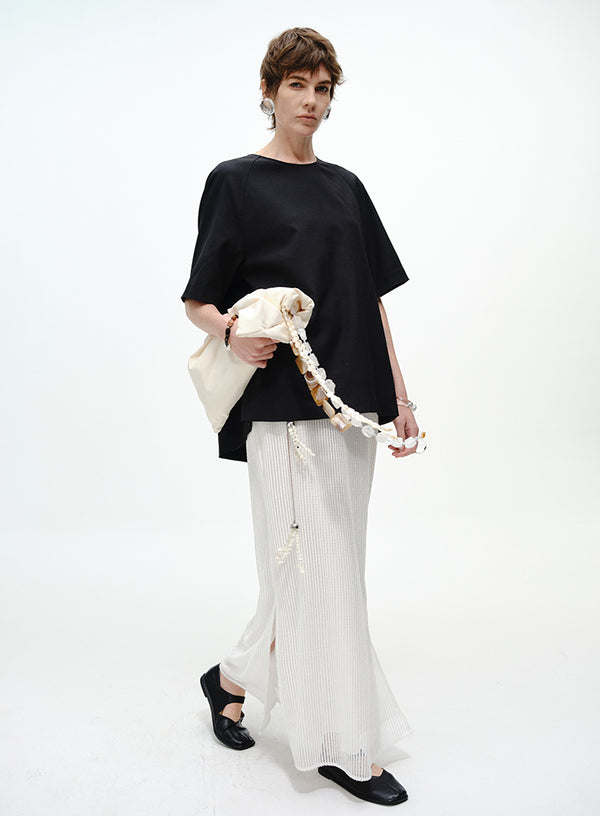 Pearl-Trimmed Ribbed Skirt - Side Slits
