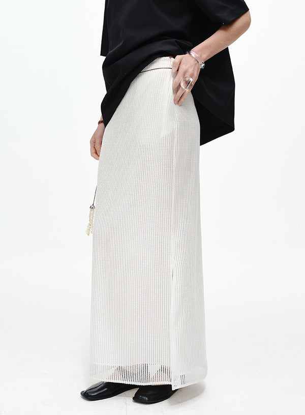 Pearl-Trimmed Ribbed Skirt - Side Slits