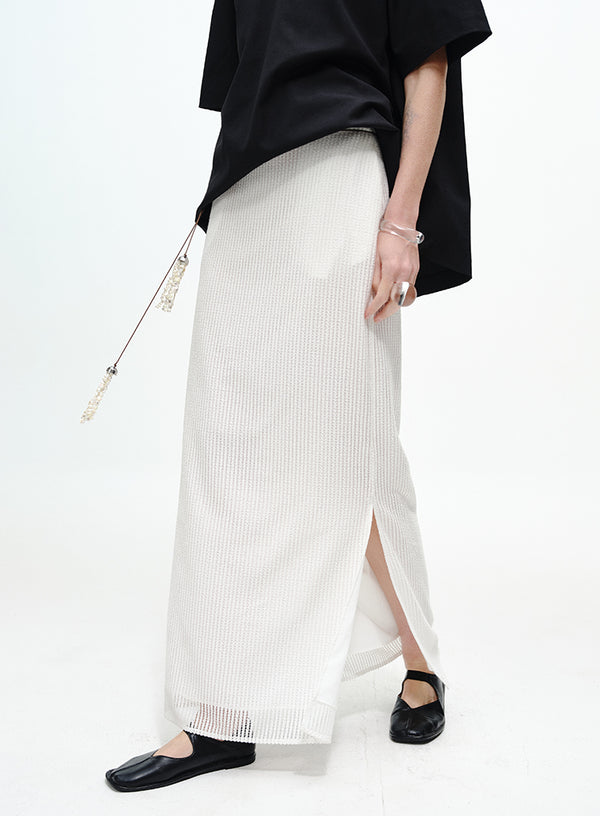 Pearl-Trimmed Ribbed Skirt - Side Slits