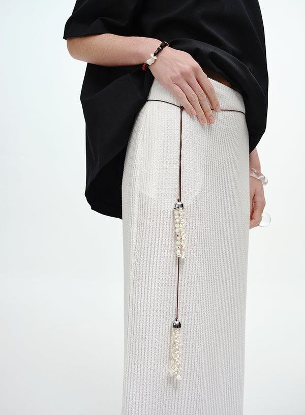 Pearl-Trimmed Ribbed Skirt - Side Slits