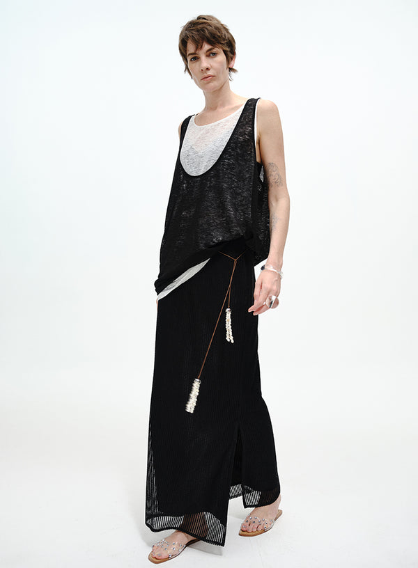 Pearl-Trimmed Ribbed Skirt - Side Slits