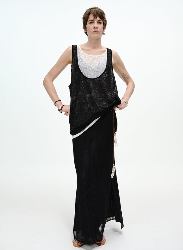 Pearl-Trimmed Ribbed Skirt - Side Slits