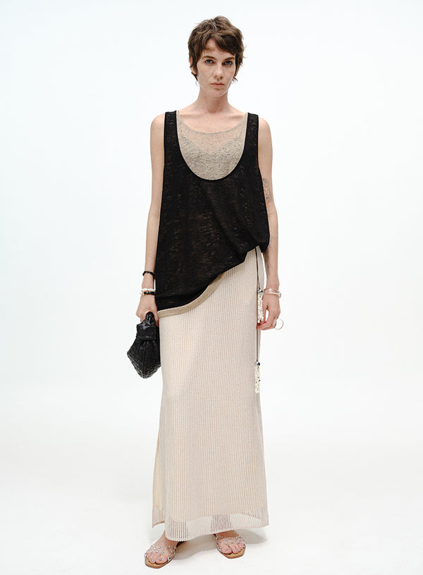 Pearl-Trimmed Ribbed Skirt - Side Slits