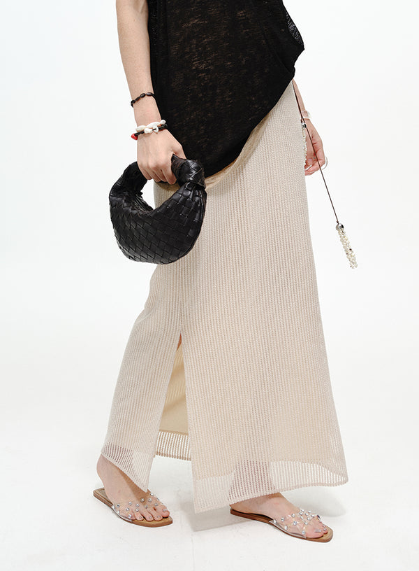 Pearl-Trimmed Ribbed Skirt - Side Slits