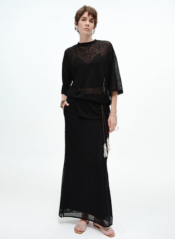 Pearl-Trimmed Ribbed Skirt - Side Slits