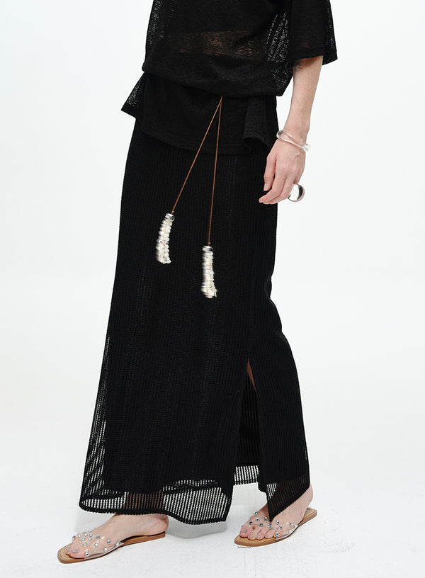 Pearl-Trimmed Ribbed Skirt - Side Slits