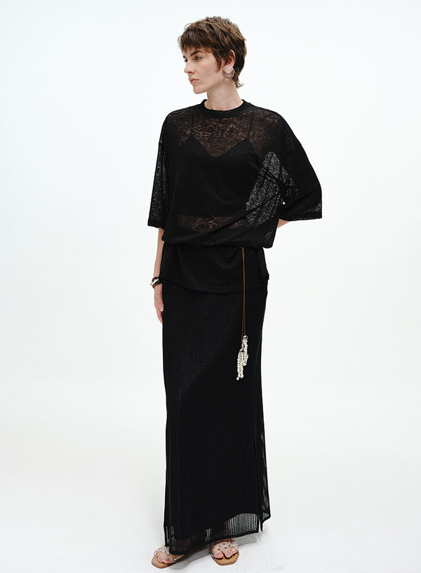 Pearl-Trimmed Ribbed Skirt - Side Slits