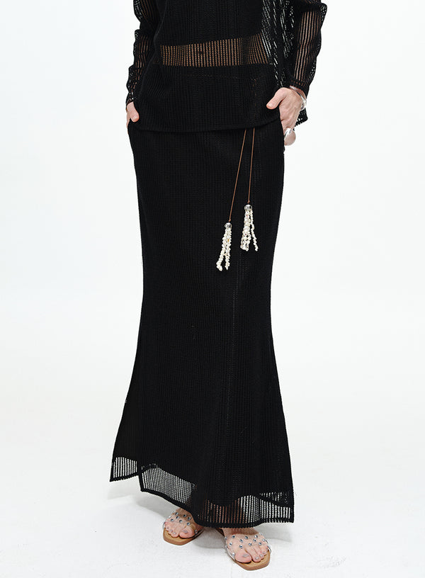 Pearl-Trimmed Ribbed Skirt - Side Slits
