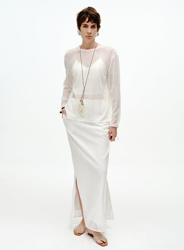 Pearl-Trimmed Ribbed Skirt - Side Slits