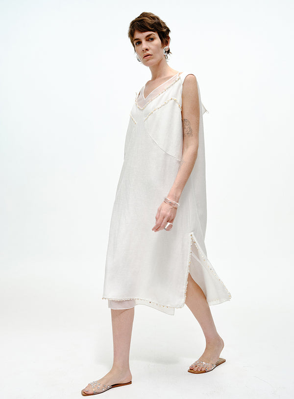 Double-Layer Pearl Linen Dress