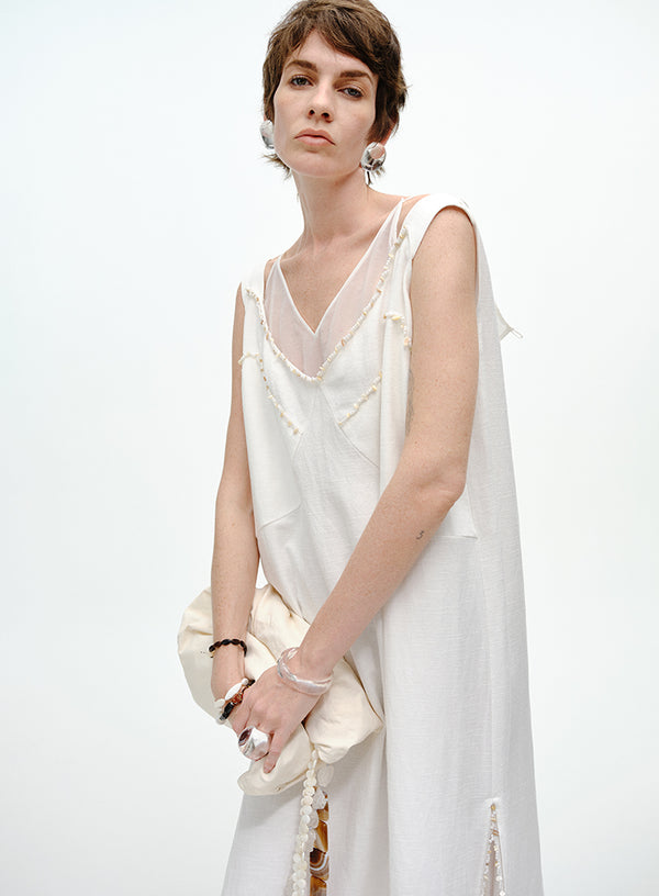 Double-Layer Pearl Linen Dress