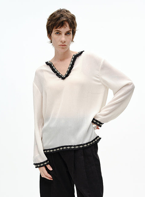 Raw-Edge V Neck Blouse