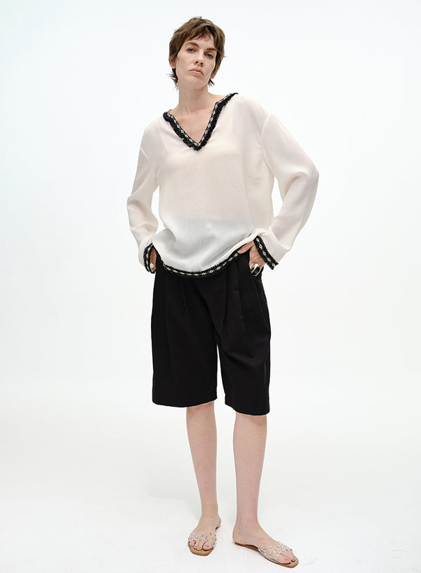 Raw-Edge V Neck Blouse