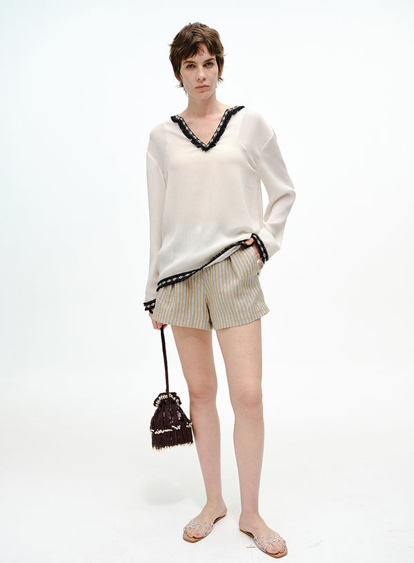 Raw-Edge V Neck Blouse
