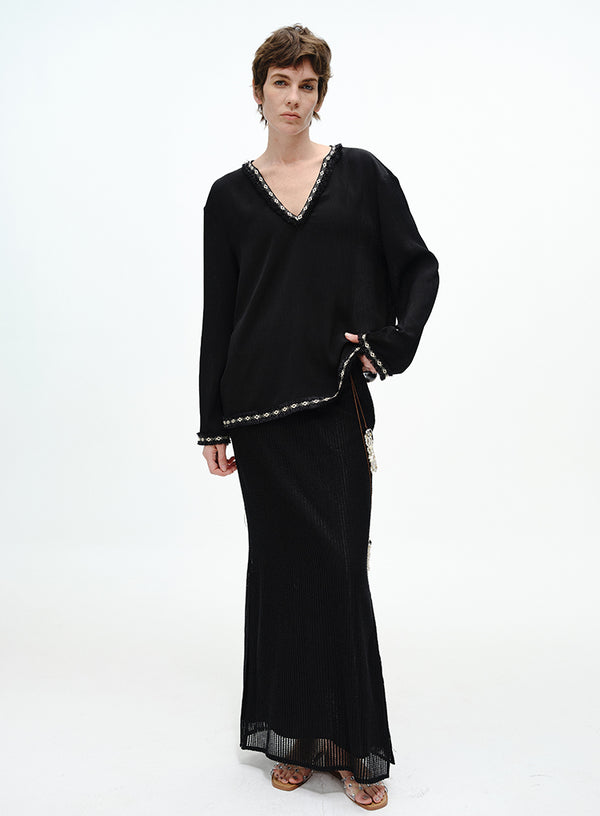 Raw-Edge V Neck Blouse