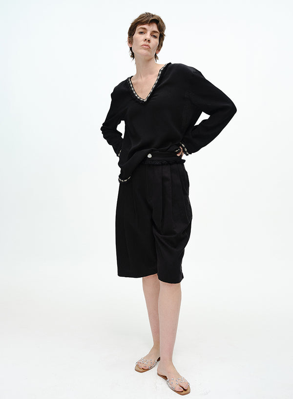 Raw-Edge V Neck Blouse