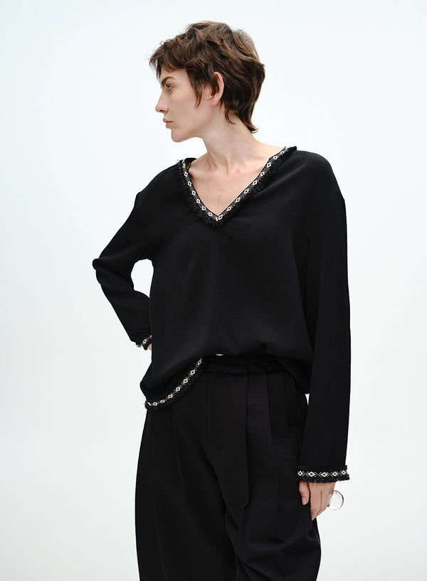Raw-Edge V Neck Blouse