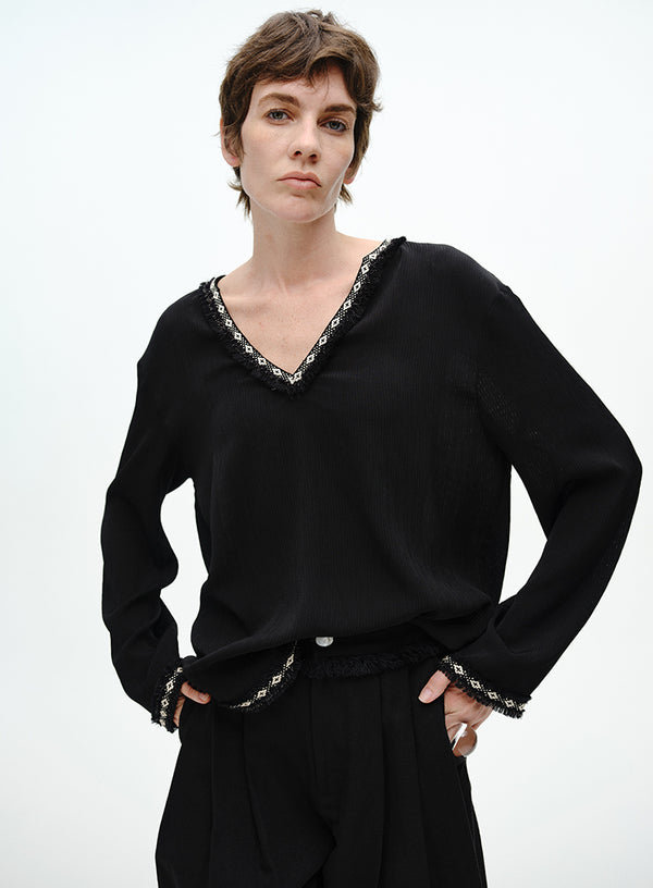 Raw-Edge V Neck Blouse