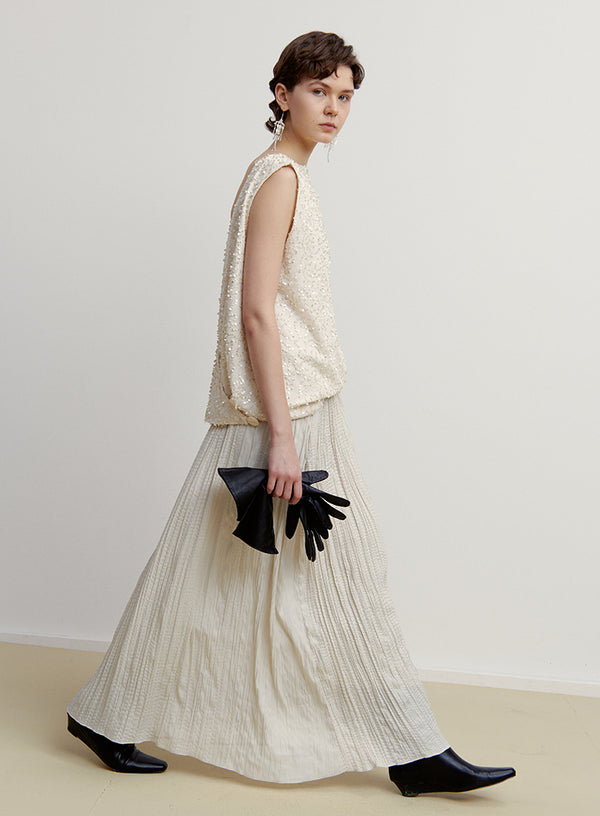 Wood-Pendant Pleated Skirt