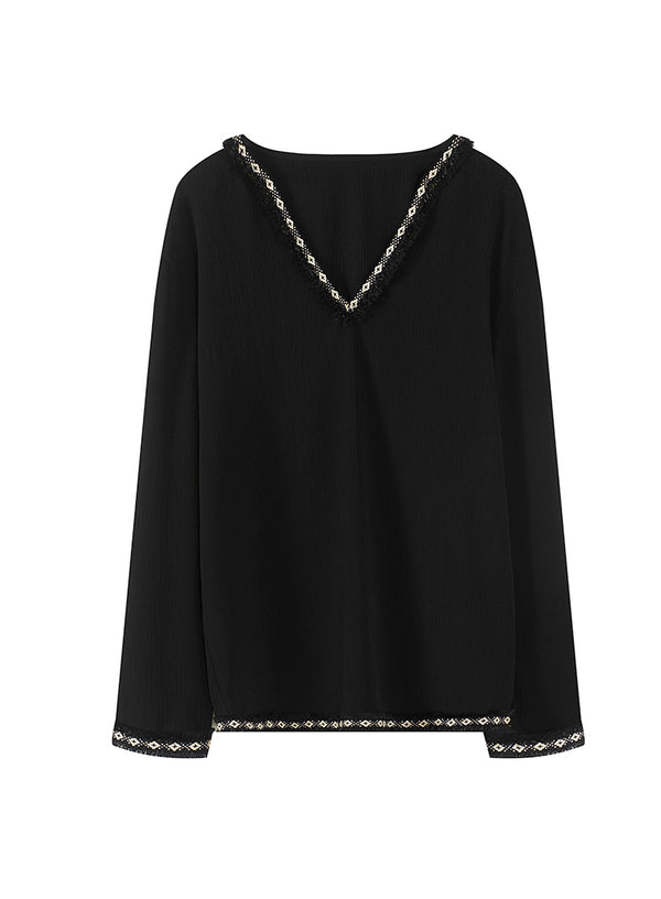 Raw-Edge V Neck Blouse