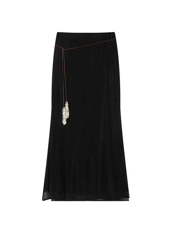 Pearl-Trimmed Ribbed Skirt - Side Slits