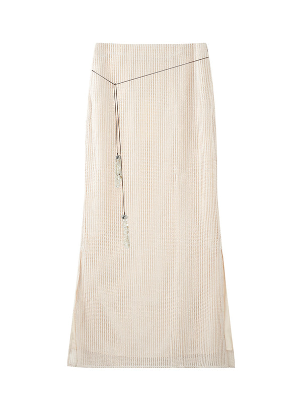 Pearl-Trimmed Ribbed Skirt - Side Slits