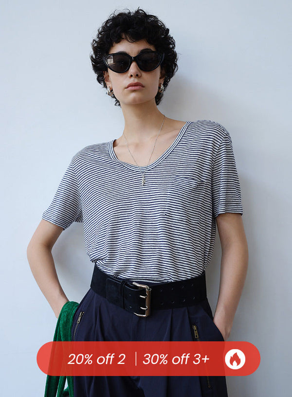 Classic Striped U-Neck Linen Short Sleeved T-Shirt