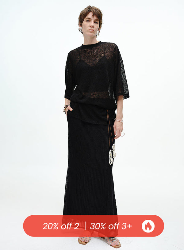 Pearl-Trimmed Ribbed Skirt - Side Slits